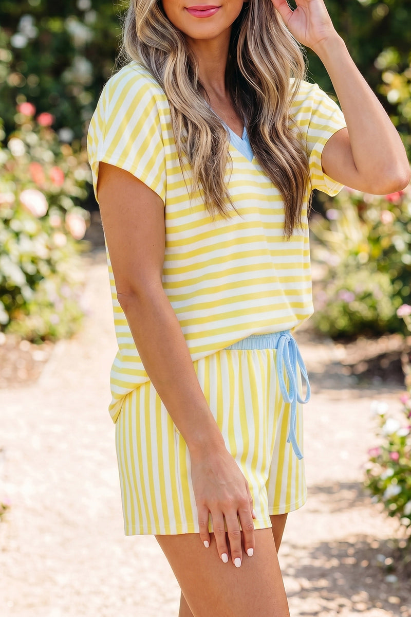 Stripe V Neck Tee & Drawstring Shorts Set Women UK