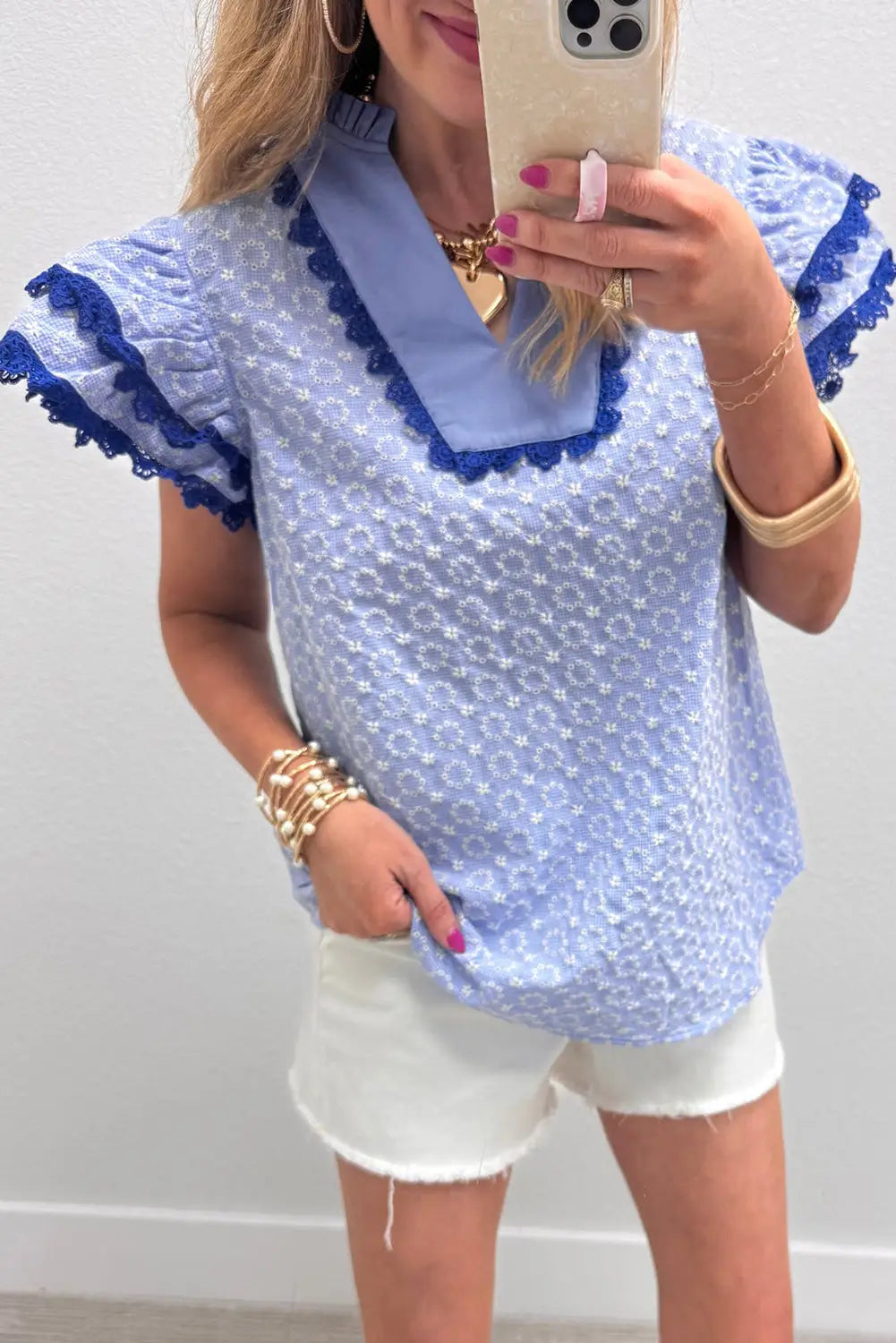 Eyelet embroidered flutter sleeve blouse with lace trim blouses