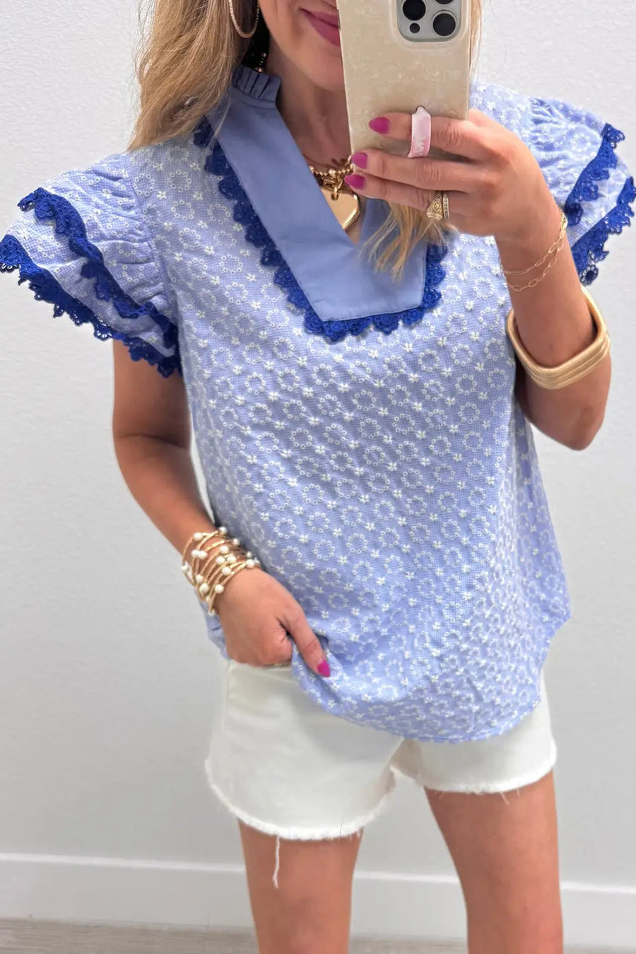 Eyelet embroidered flutter sleeve blouse with lace trim blouses