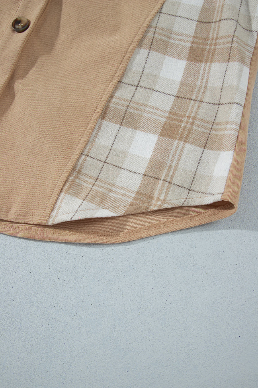 Light French Beige Plaid Colorblock Shirt Collar Shift Shacket