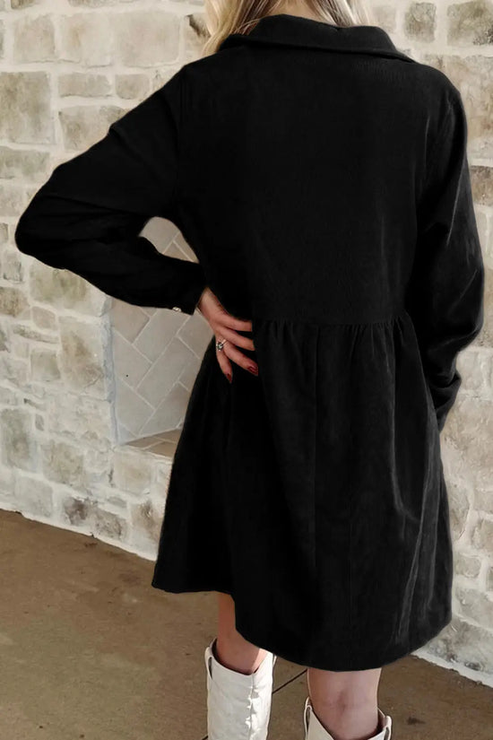 Corduroy mini dress half button collar long sleeve a-line women uk | fashionfitz