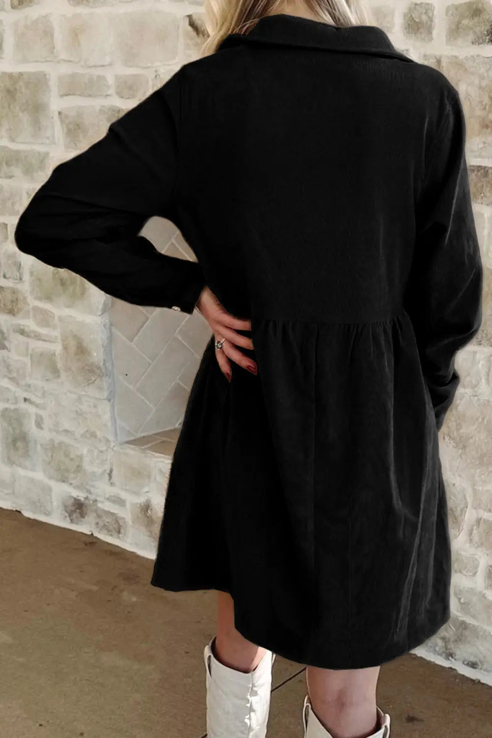 Corduroy mini dress half button collar long sleeve a-line women uk | fashionfitz