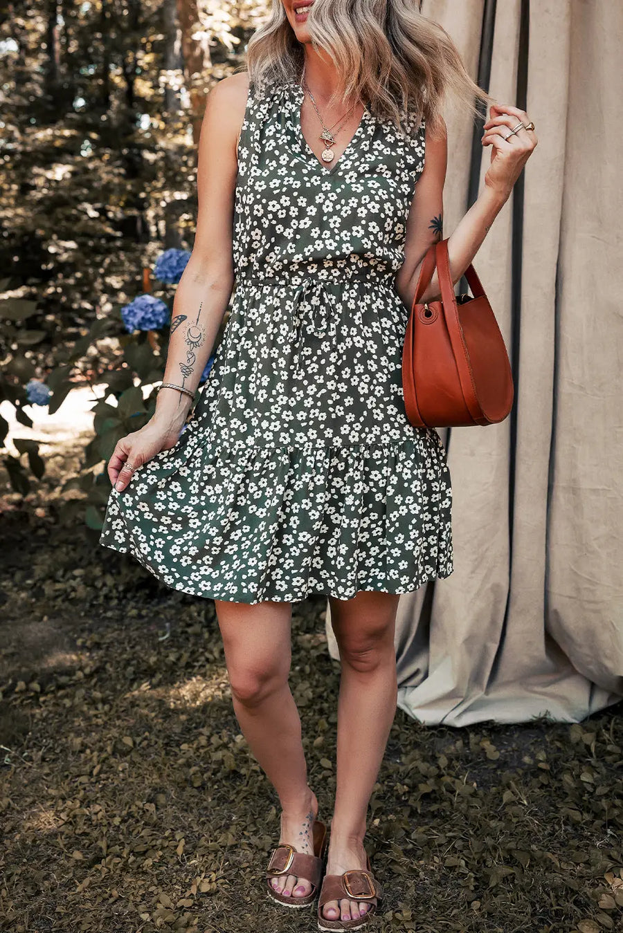 Green Boho Floral V Neck Sleeveless Tunic Dress Women UK