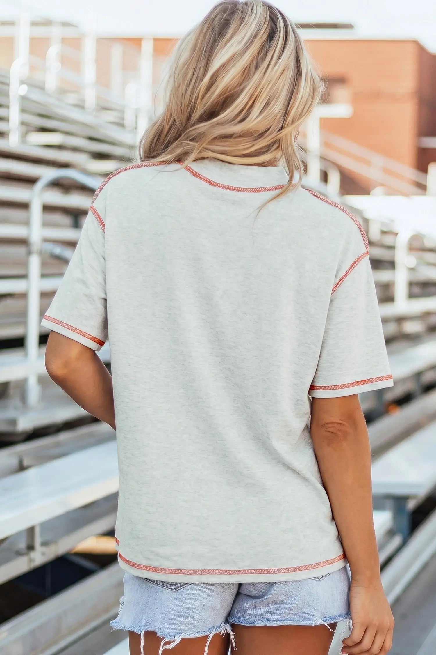Reversible Contrast Stitch Drop Shoulder High Neck Short Sleeve Tee