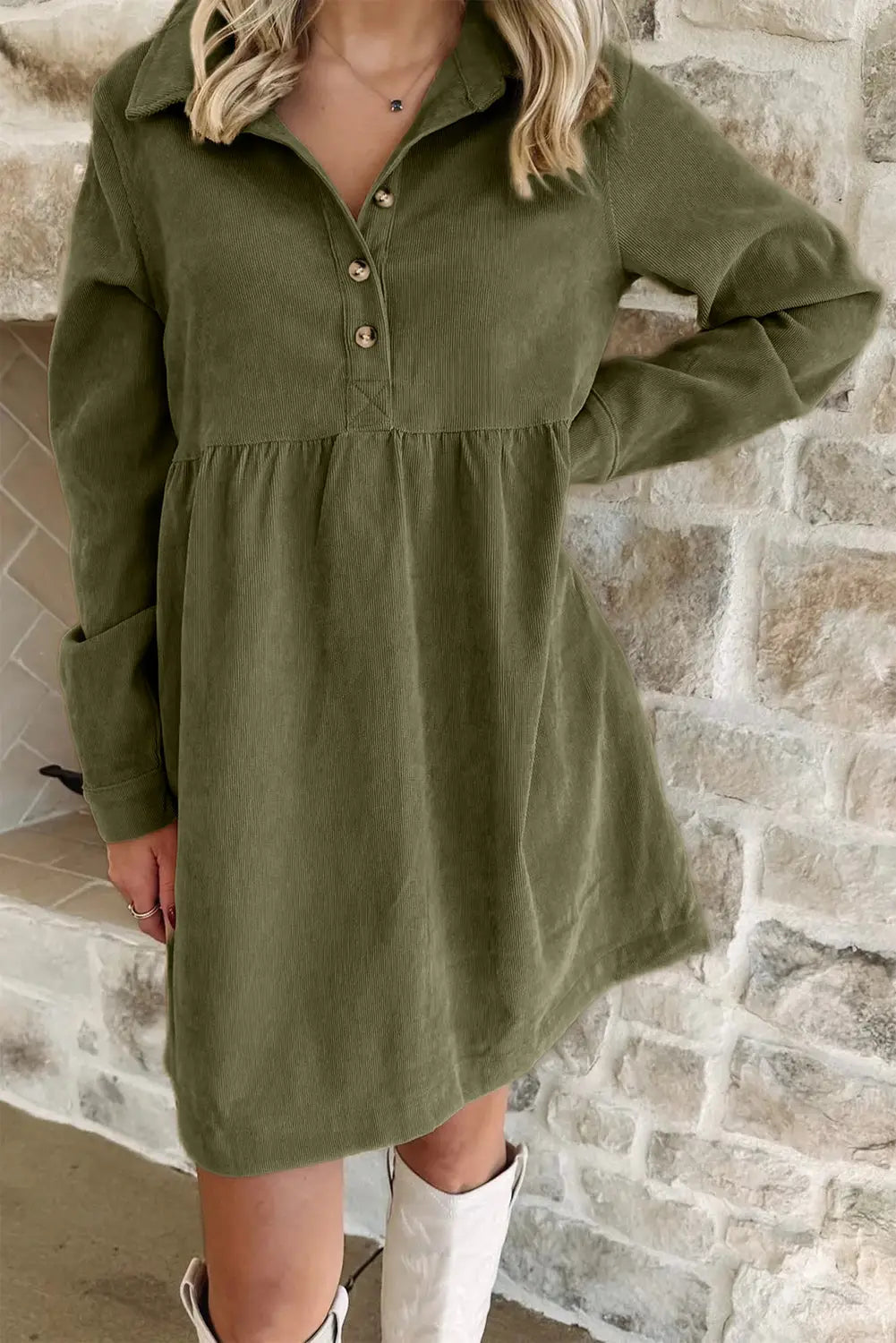 Corduroy mini dress half button collar long sleeve a-line women uk | fashionfitz