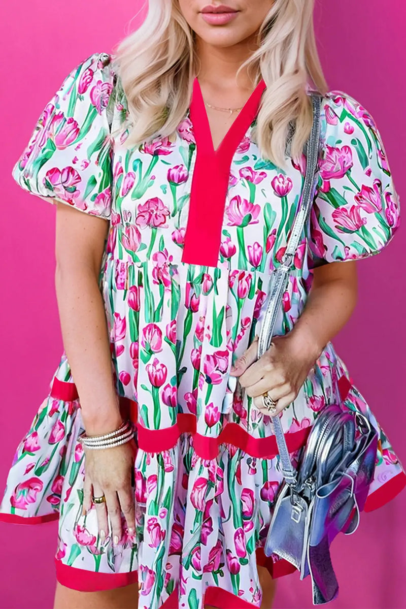 Pink Floral V Neck Bubble Sleeve Babydoll Dress Women UK