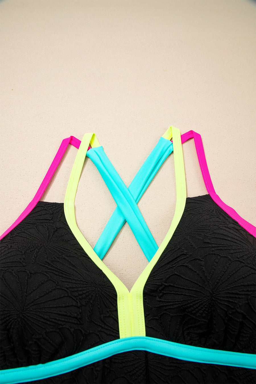 Floral Neon Trim Crisscross Backless Tankini Set Women UK