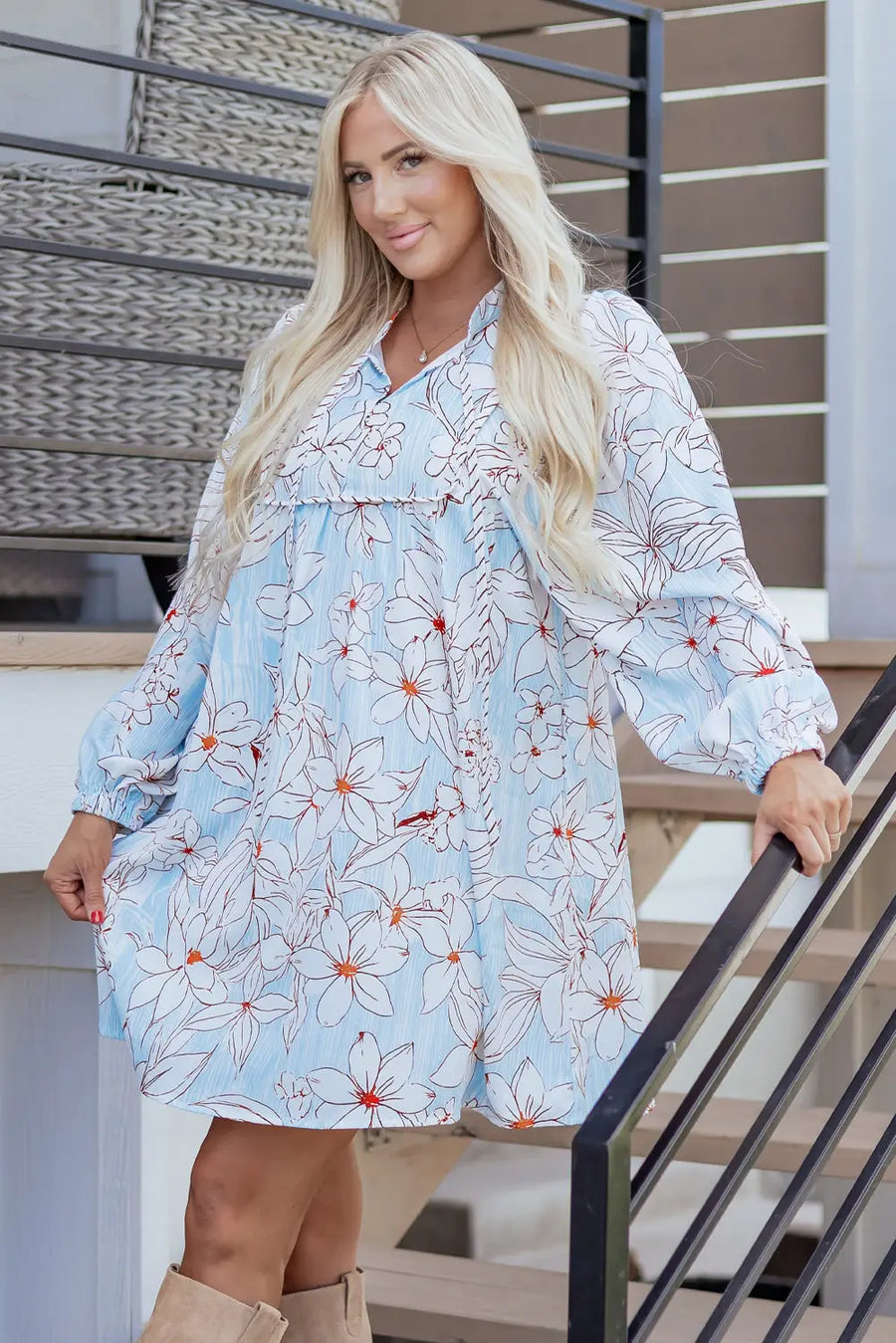 Brown Floral Tie Neck 3/4 Sleeve Mini Dress Women UK — close-up detail