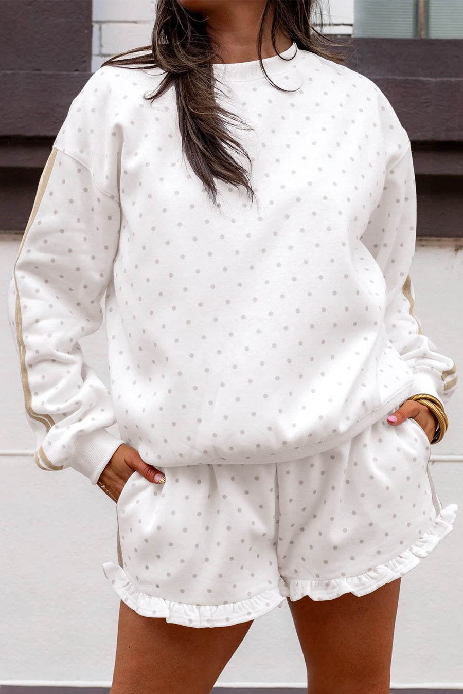 White Polka Dot Stripe Casual Sweatshirt & Shorts Set