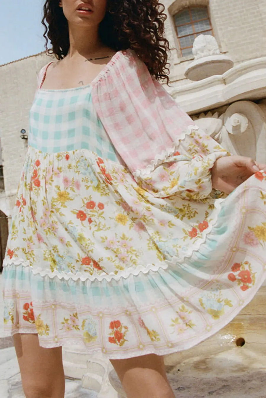Pink Ric Rac Plaid Floral Patchwork Bubble Sleeve Mini Dress Women UK