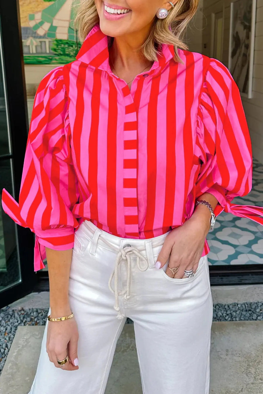 Tie puff sleeve button-down blouse UK — polished feminine summer style