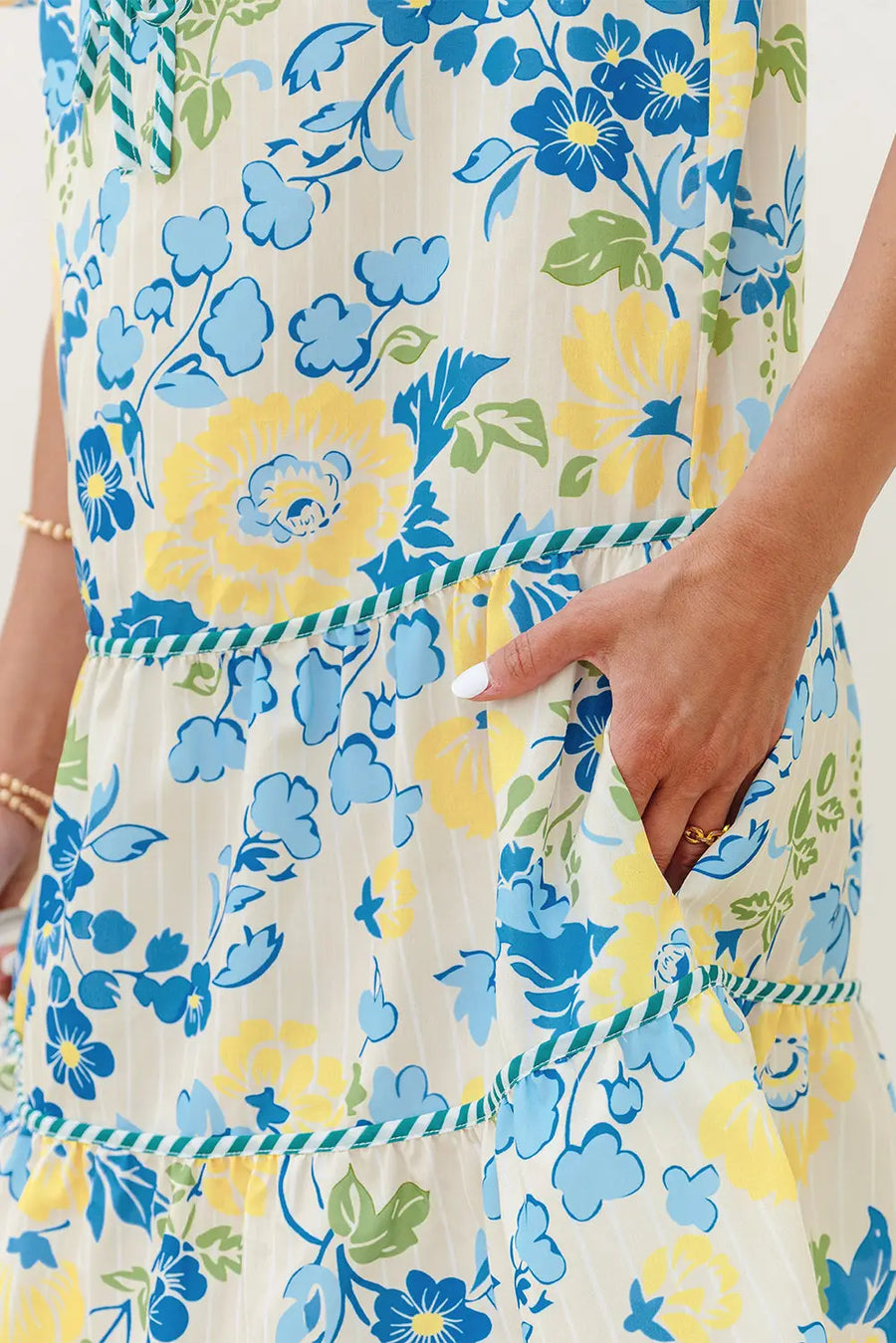 Blue Floral Striped Trim Puff Short Sleeve Dress Women UK