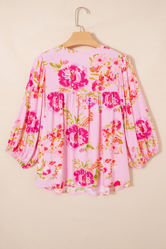 Pink Floral Print Blouse Tie V-Neck Puffy Half Sleeve Relaxed Fit