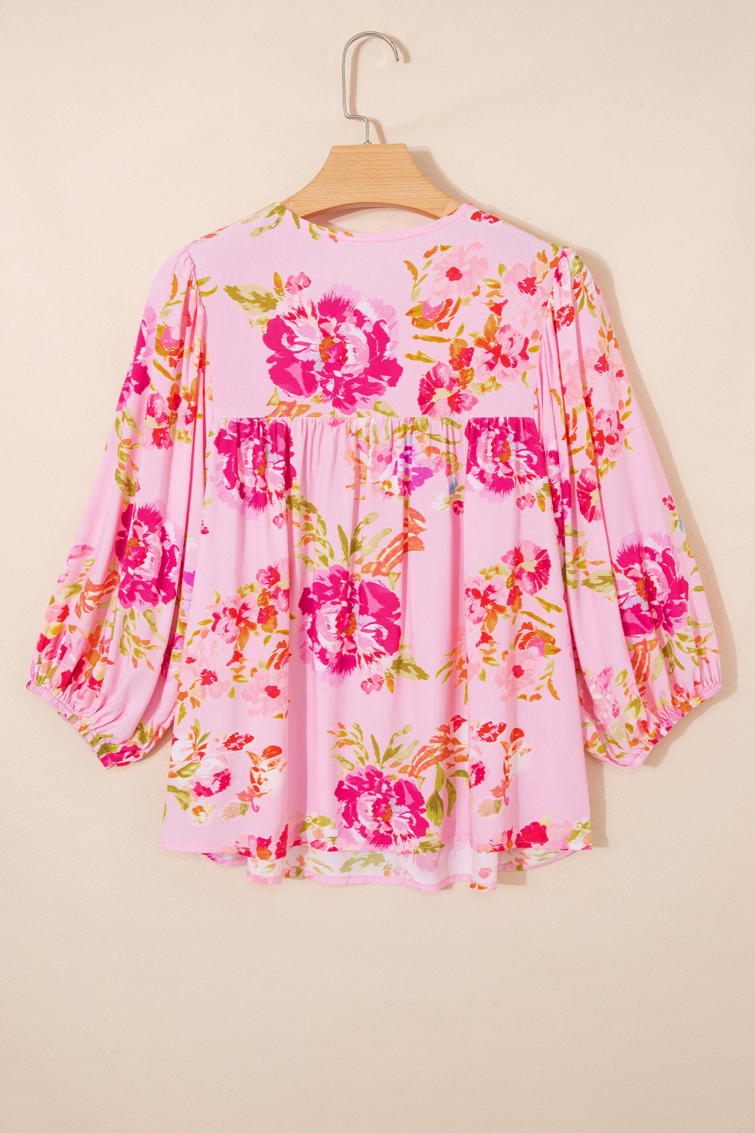 Pink Floral Print Blouse Tie V-Neck Puffy Half Sleeve Relaxed Fit