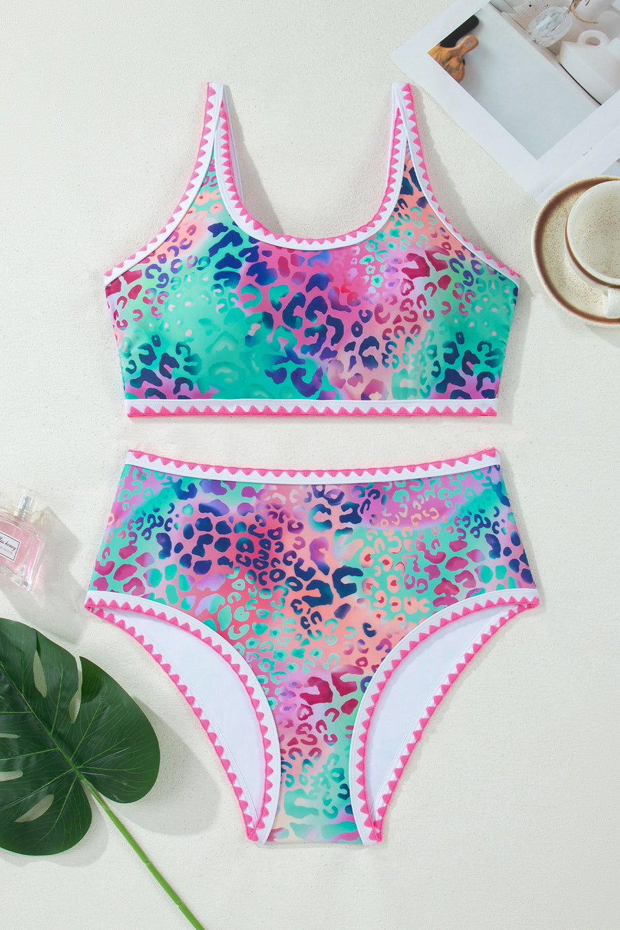 Leopard Ricrac Trim High Waist Bikini Set Women UK