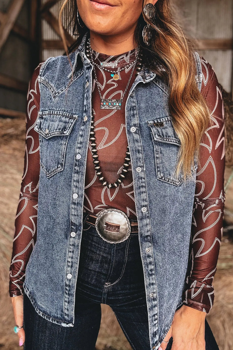 Blue denim cowboy vest worn open as a casual outer layer — Fashionfitz UK