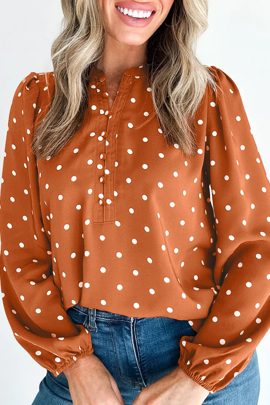 Brown Polka Dot Half Button V-Neck Long Sleeve Blouse Women UK