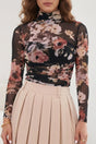 Brown floral mesh long sleeve high neck bodysuit front view — Fashionfitz UK