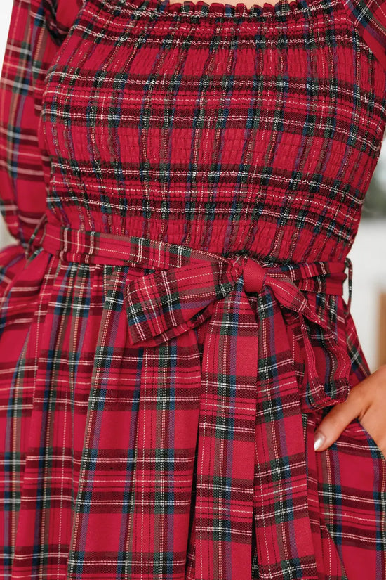 Red green tartan plaid flared midi dress dresses