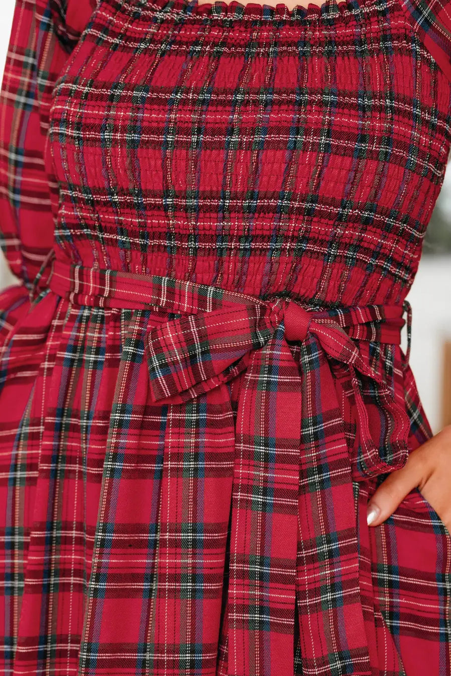 Red green tartan plaid flared midi dress dresses