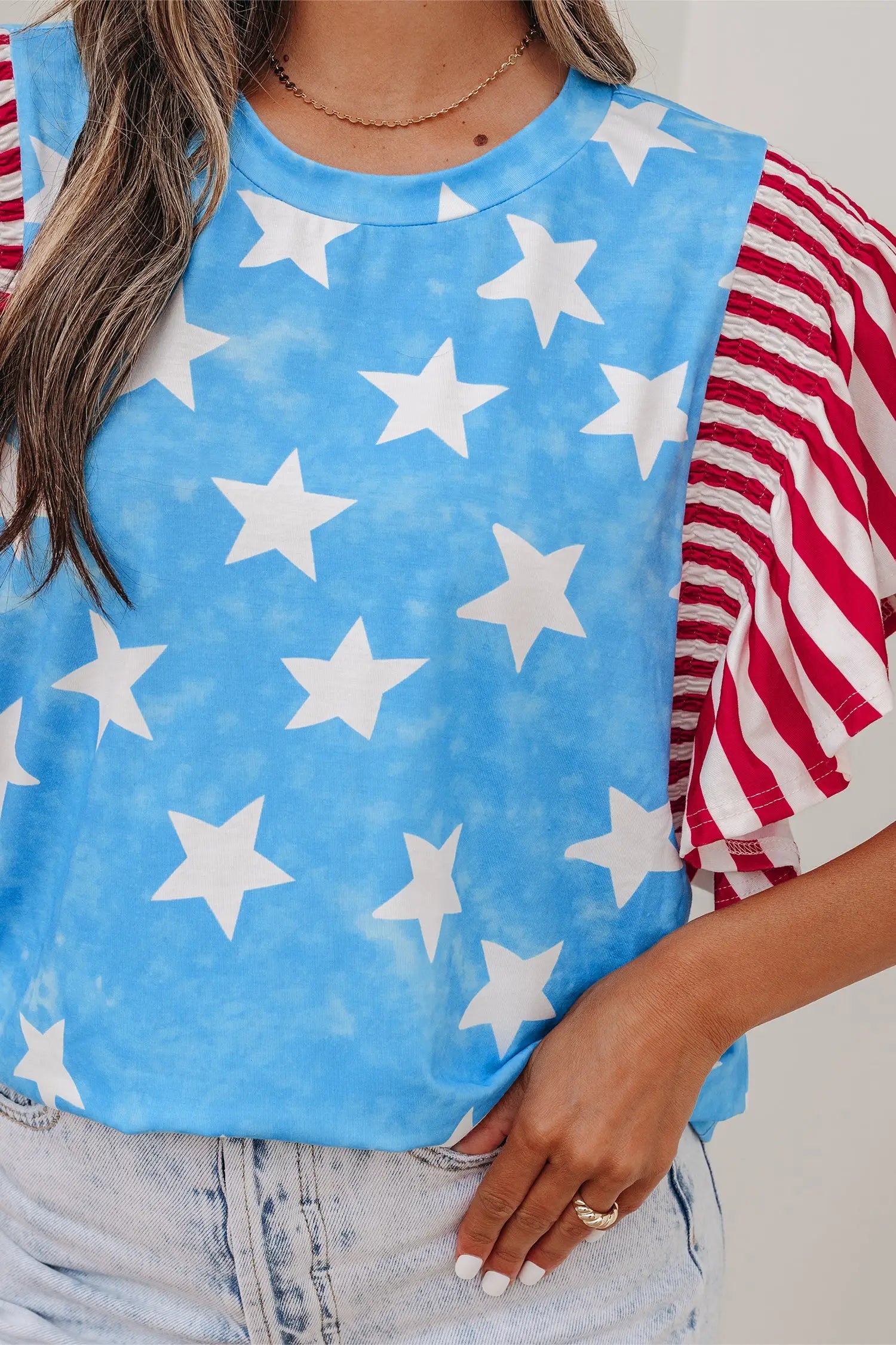 Sky blue vintage star print striped ruffle sleeve top blouses