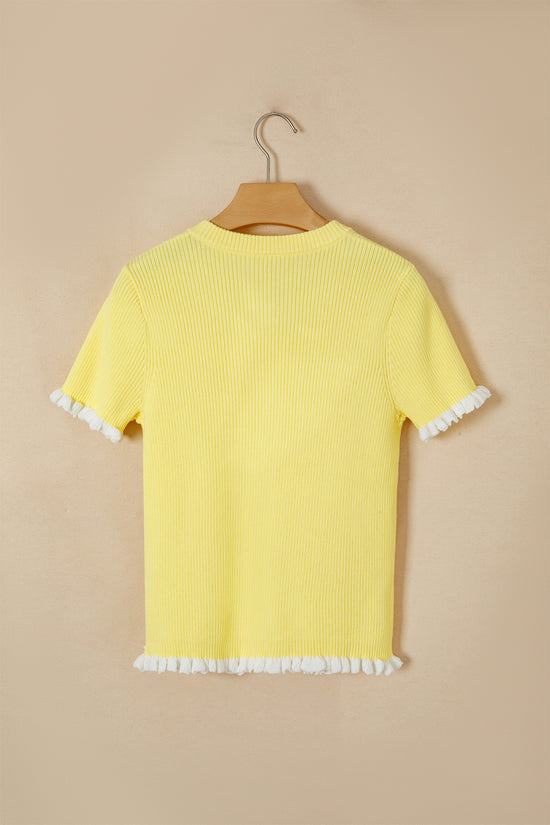 Ribbed Knit Contrast Frilled Short Sleeve Cardigan Women UK