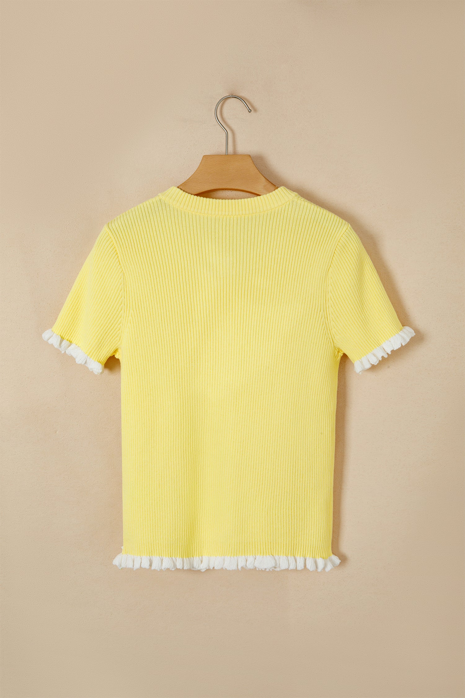 Ribbed Knit Contrast Frilled Short Sleeve Cardigan Women UK