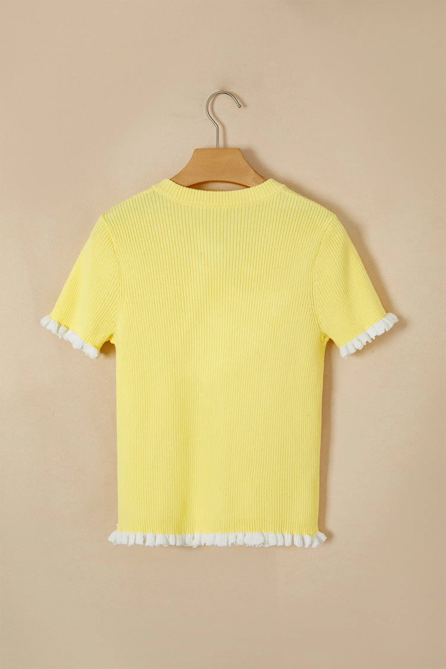 Ribbed Knit Contrast Frilled Short Sleeve Cardigan Women UK — fabric texture detail | Fashionfitz UK