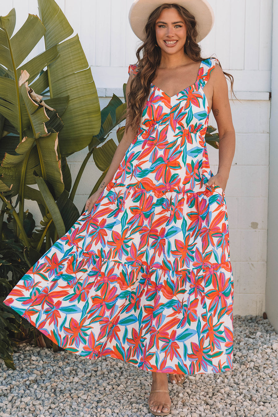 Red Boho Floral Ruffled Strap V Neck Maxi Dress Women UK