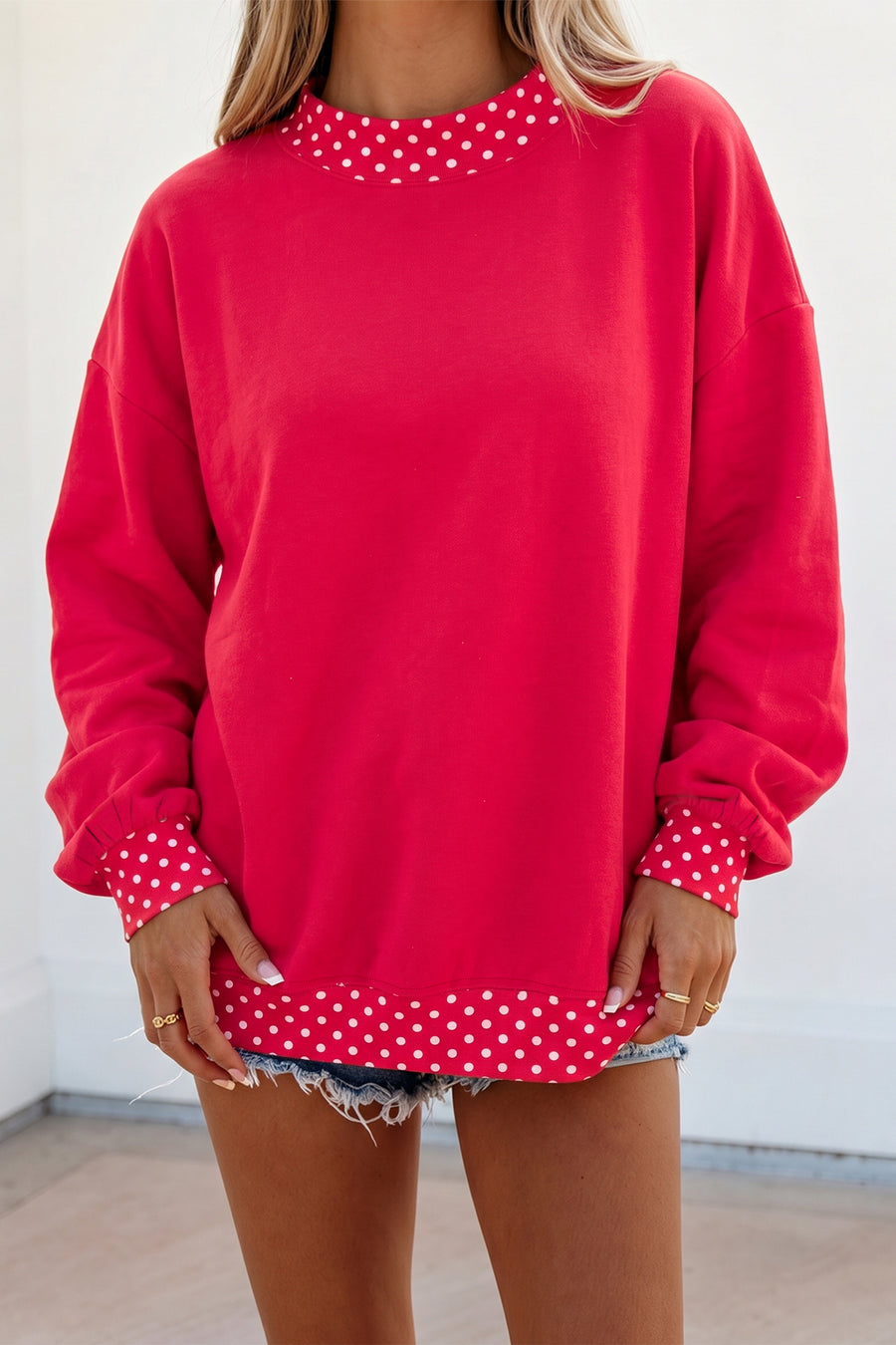 Pink Colorblock Polka Dot Contrast Trim Oversized Sweatshirt Women UK