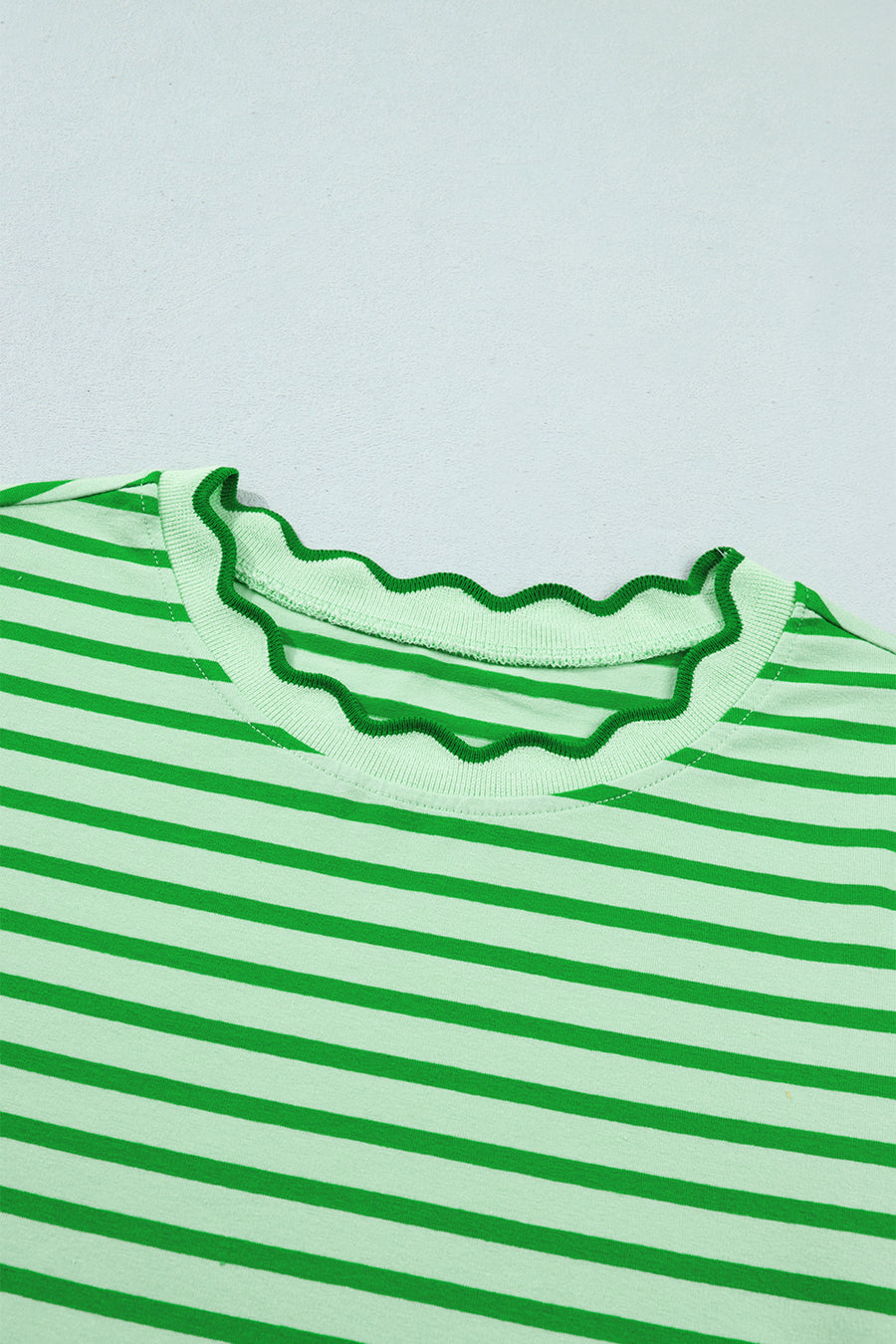 Scalloped Trim Stripe Cotton T-Shirt Round Neck Short Sleeve