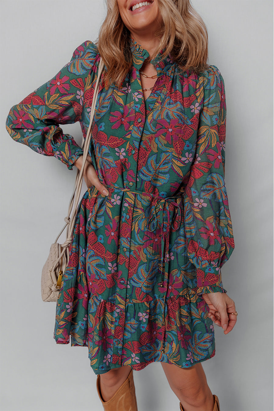 Green Floral Frill V Neck Puff Sleeve Ruffled Shirt Dress Women UK