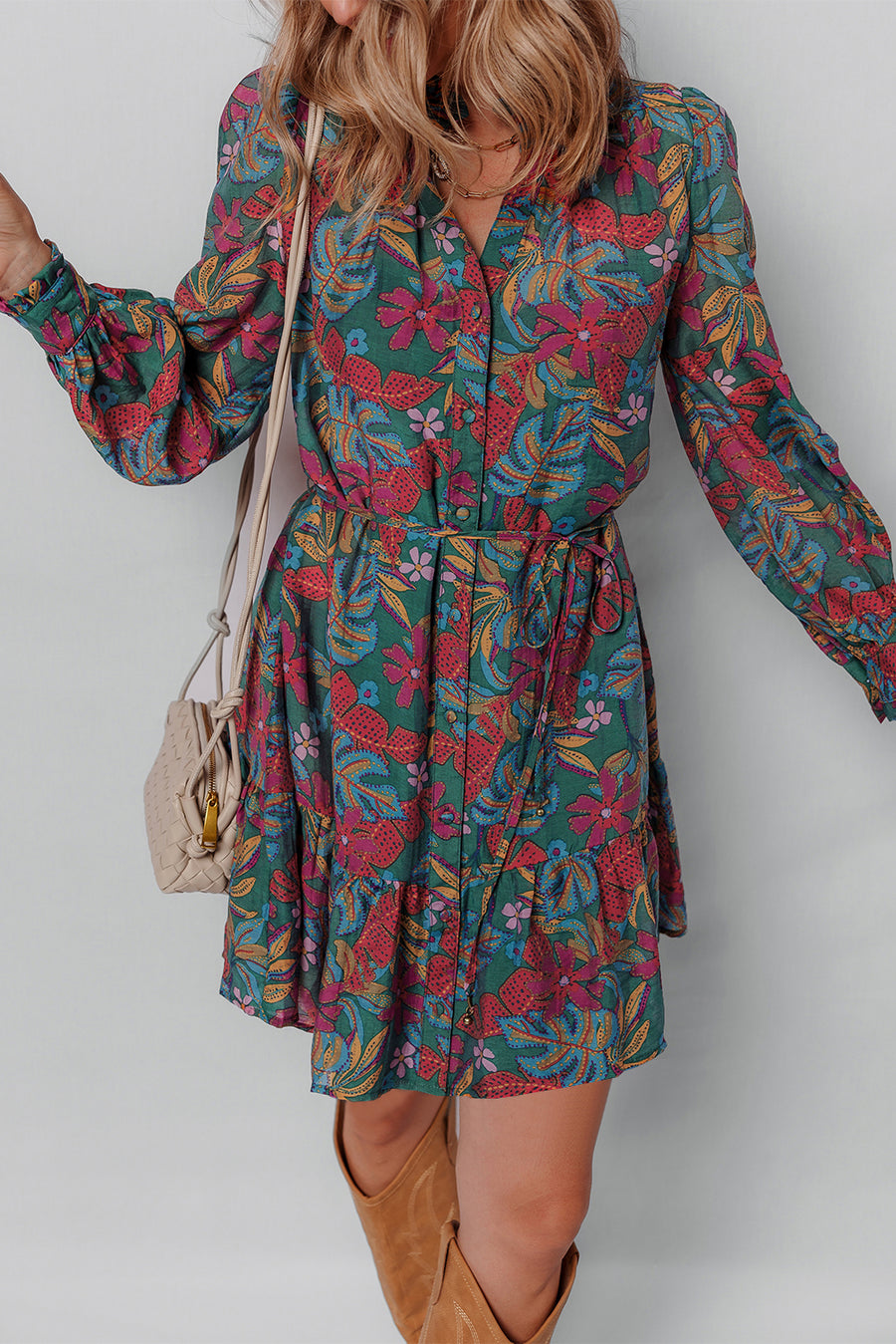 Green Floral Frill V Neck Puff Sleeve Ruffled Shirt Dress Women UK