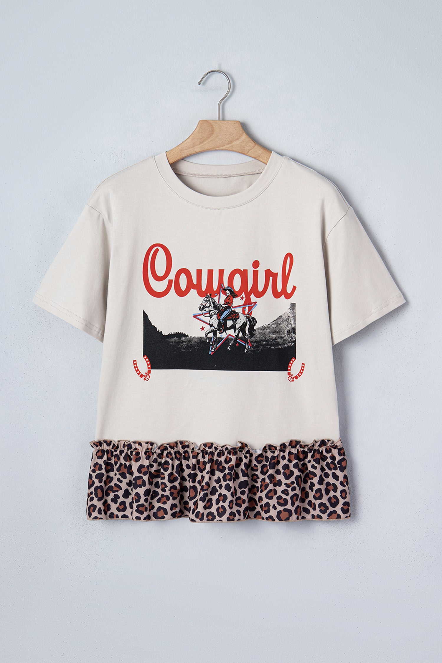 Retro Western Cowgirl Print Leopard Ruffle Hem Patchwork T-Shirt