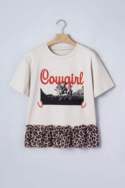 Retro Western Cowgirl Print Leopard Ruffle Hem Patchwork T-Shirt