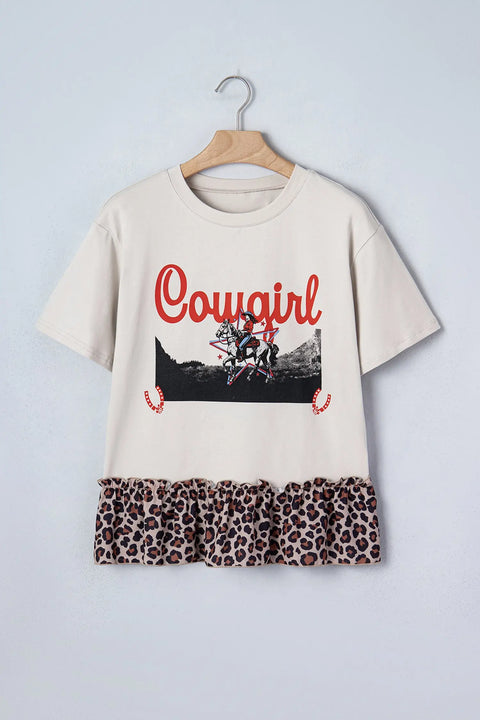 Retro western cowgirl print leopard ruffle hem patchwork T-shirt front view — Fashionfitz UK