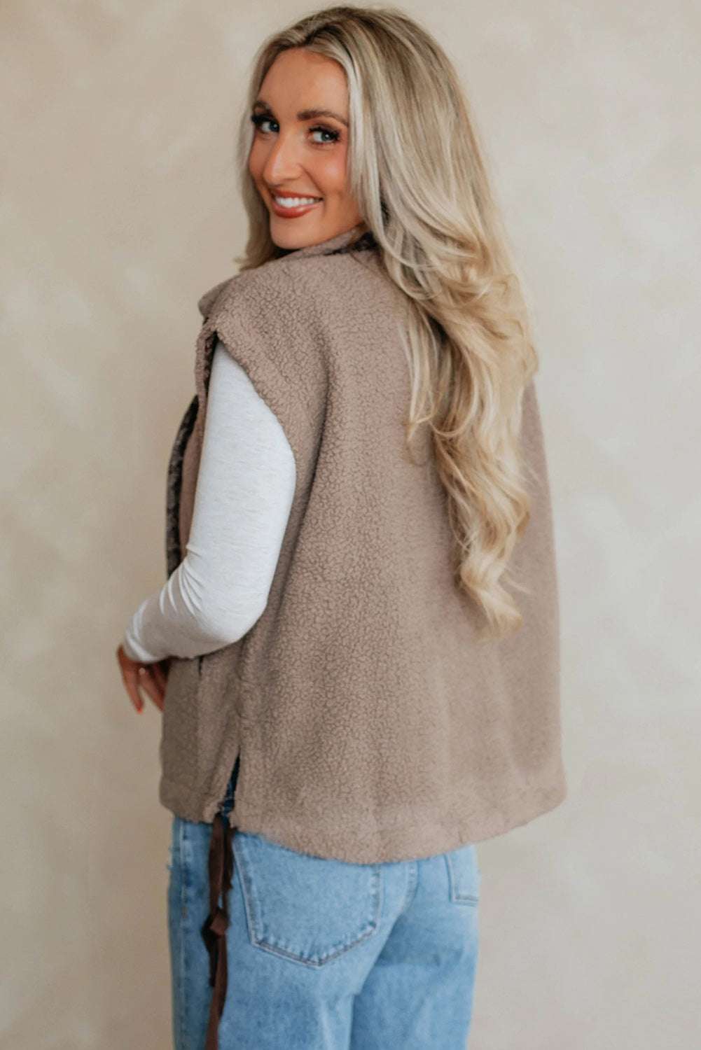 Back view of Women's Country Borg Fleece Gilet Winter Vest FashionFitz in khaki fleece with side bow detail and relaxed fit for casual layering.