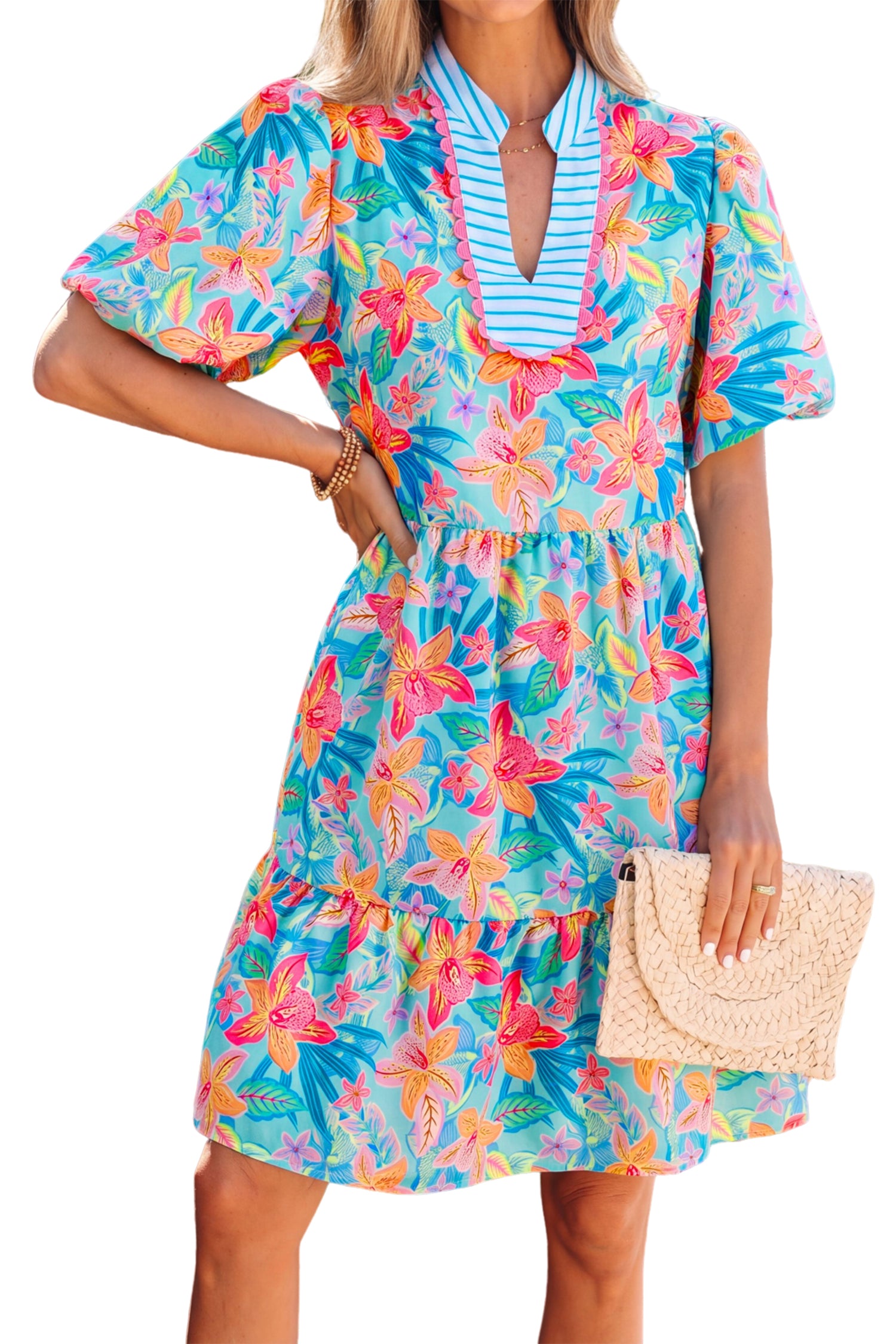 Floral Print Contrast Scallop Trim V-Neck Mini Dress Women UK