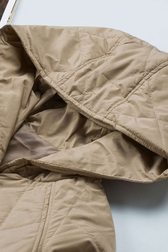 Close-up of hood on Khaki Quilted Puffer Jacket – Hooded Snap Button Coat showing inner lining and stitching for added warmth and comfort.