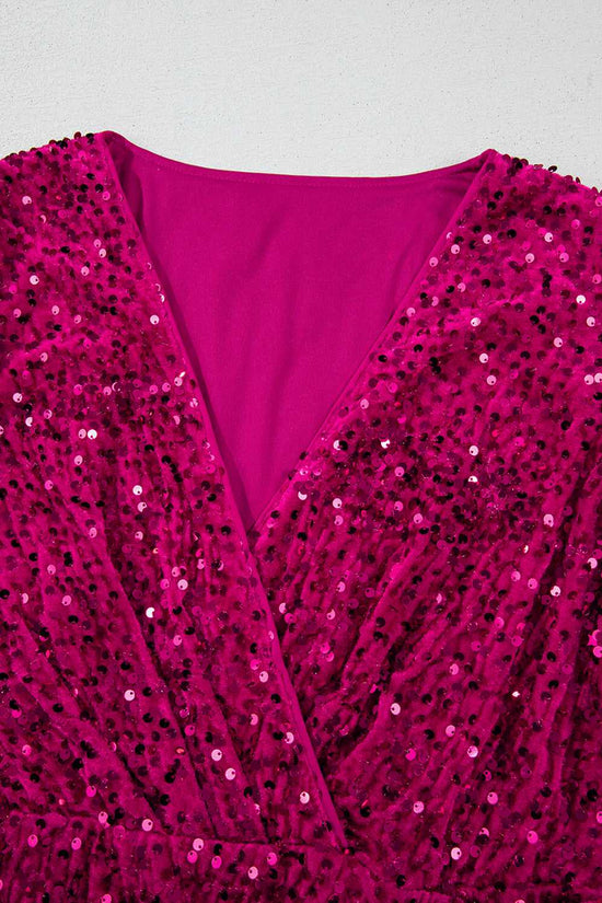 Close-up of Pink Velvet Sequin Night‑Out Dress neckline and fabric texture, highlighting the plush velvet and sequin craftsmanship.