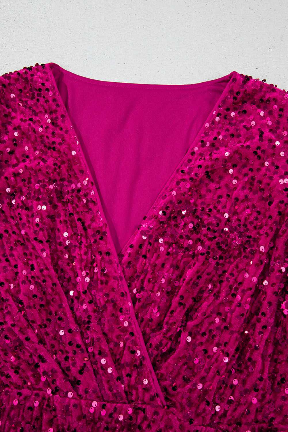 Close-up of Pink Velvet Sequin Night‑Out Dress neckline and fabric texture, highlighting the plush velvet and sequin craftsmanship.