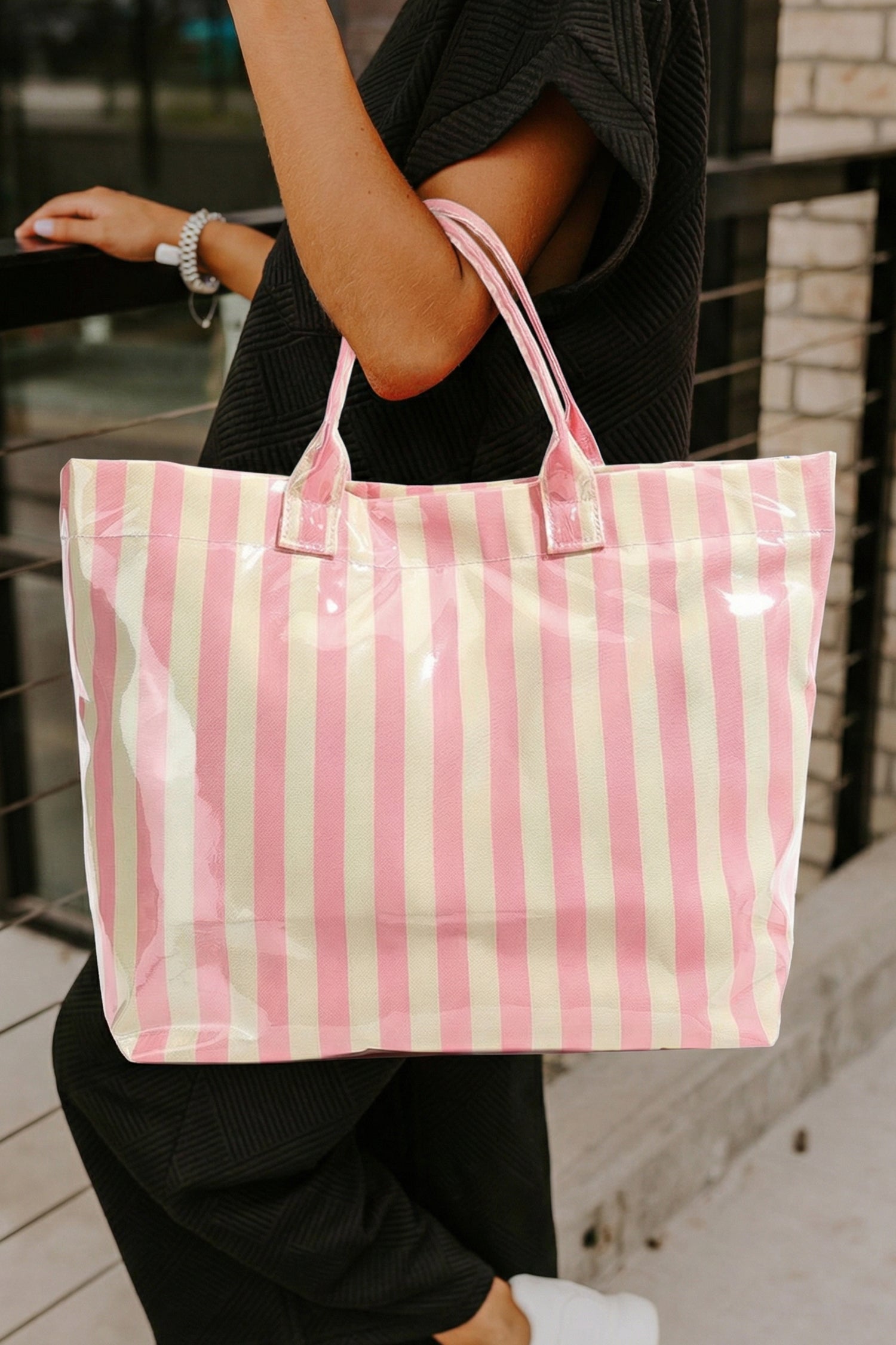 Rainbow Glossy Striped Vinyl Large Tote Bag Women UK