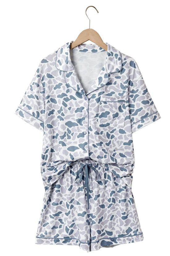 Camouflage print lapel shirt & shorts 2-piece pyjama set beige pajamas