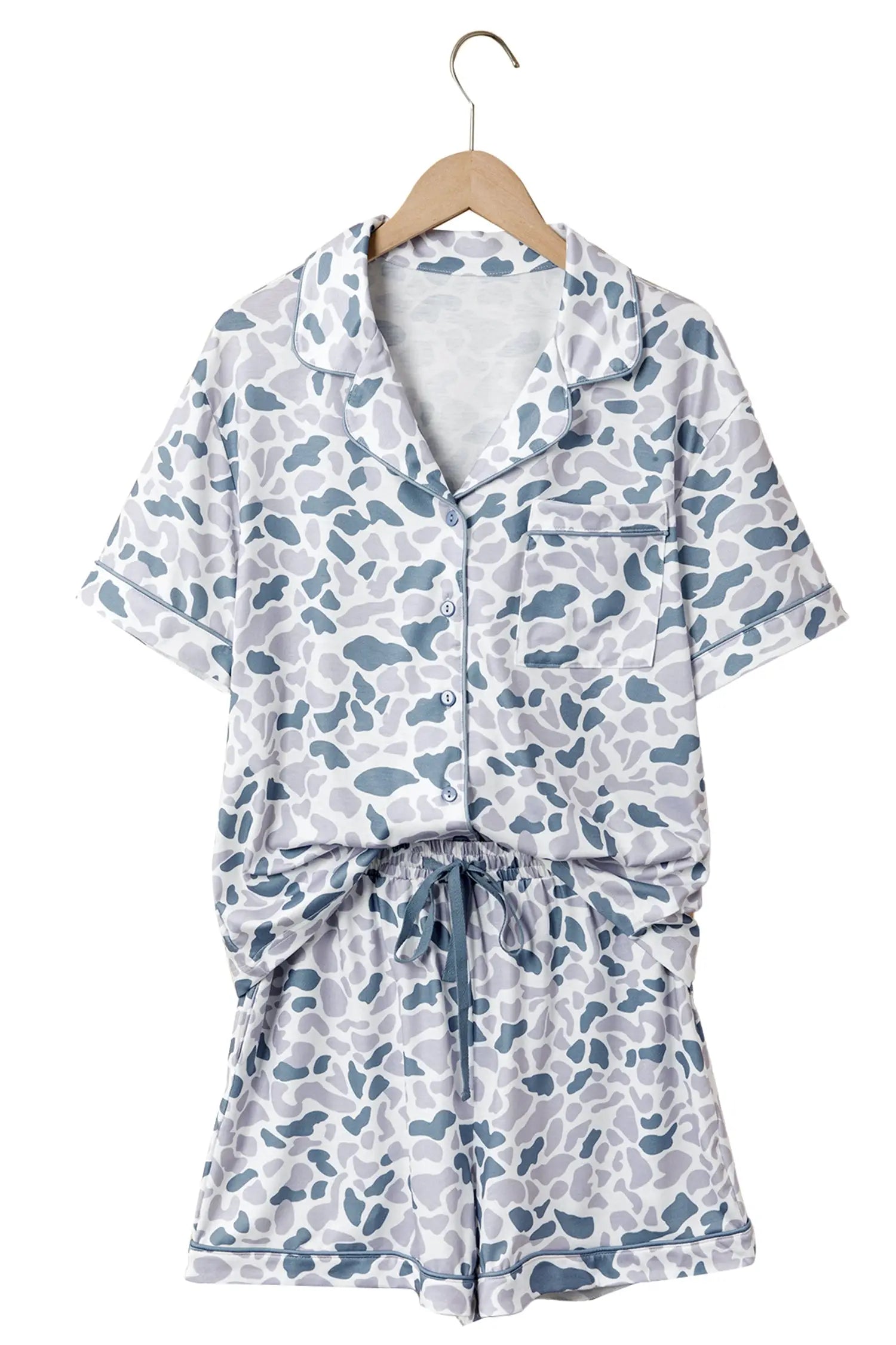 Camouflage print lapel shirt & shorts 2-piece pyjama set beige pajamas