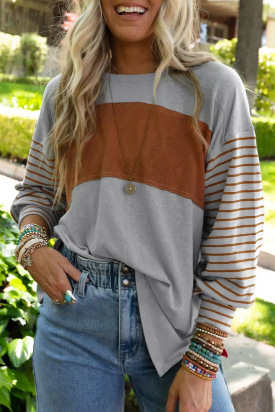 Green colorblock bishop sleeve top - striped casual chic
