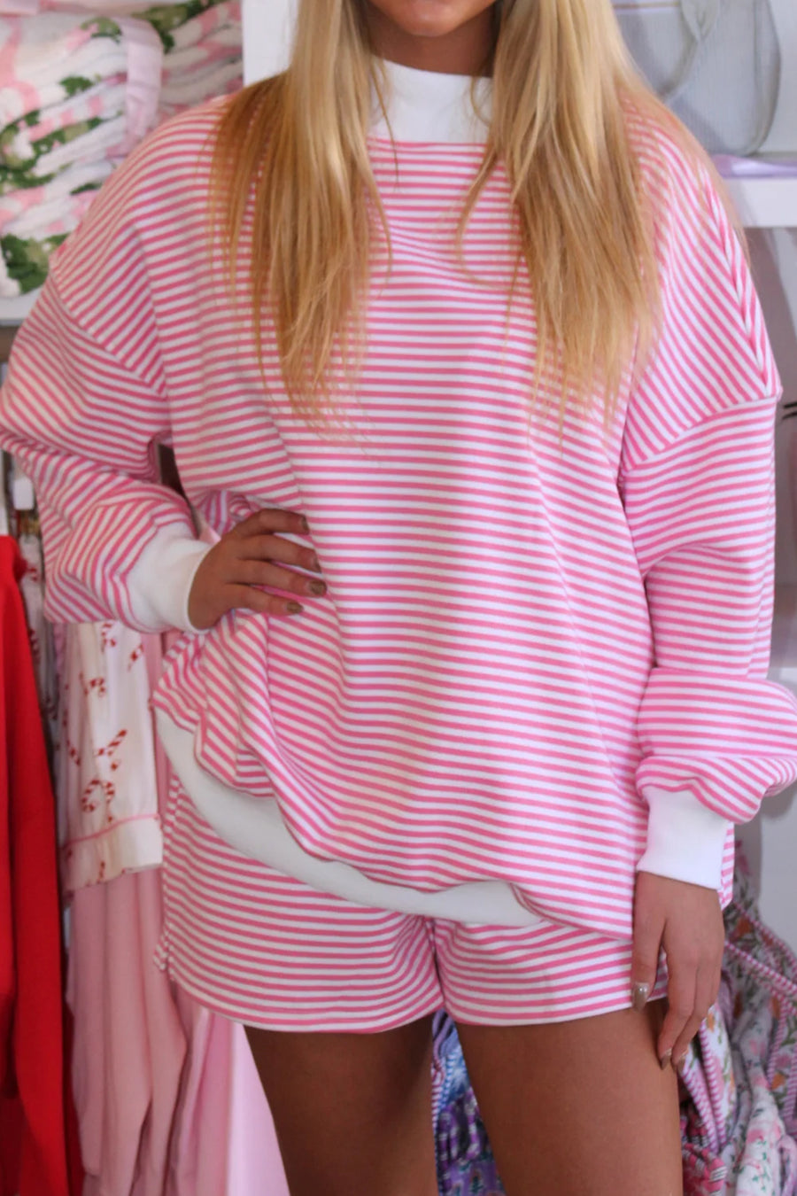 Stripe Oversize Mock Neck Sweatshirt & Shorts Co-Ord Set