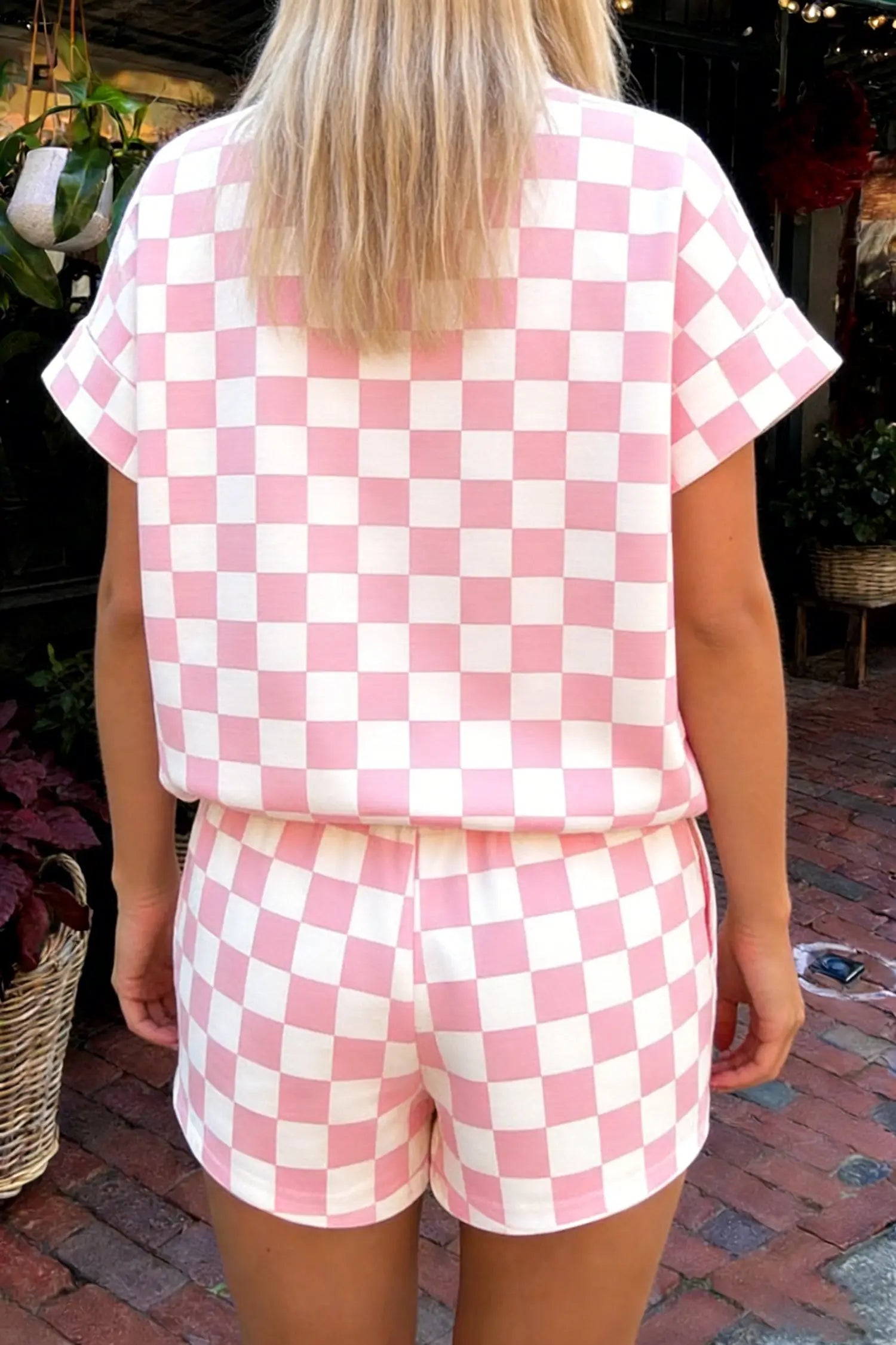Checkered colour block trim mock neck short set outfit sets