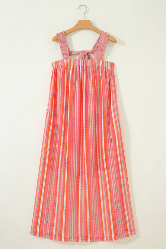 Women’s striped ruffle strap ribbon knot boho maxi dress dresses