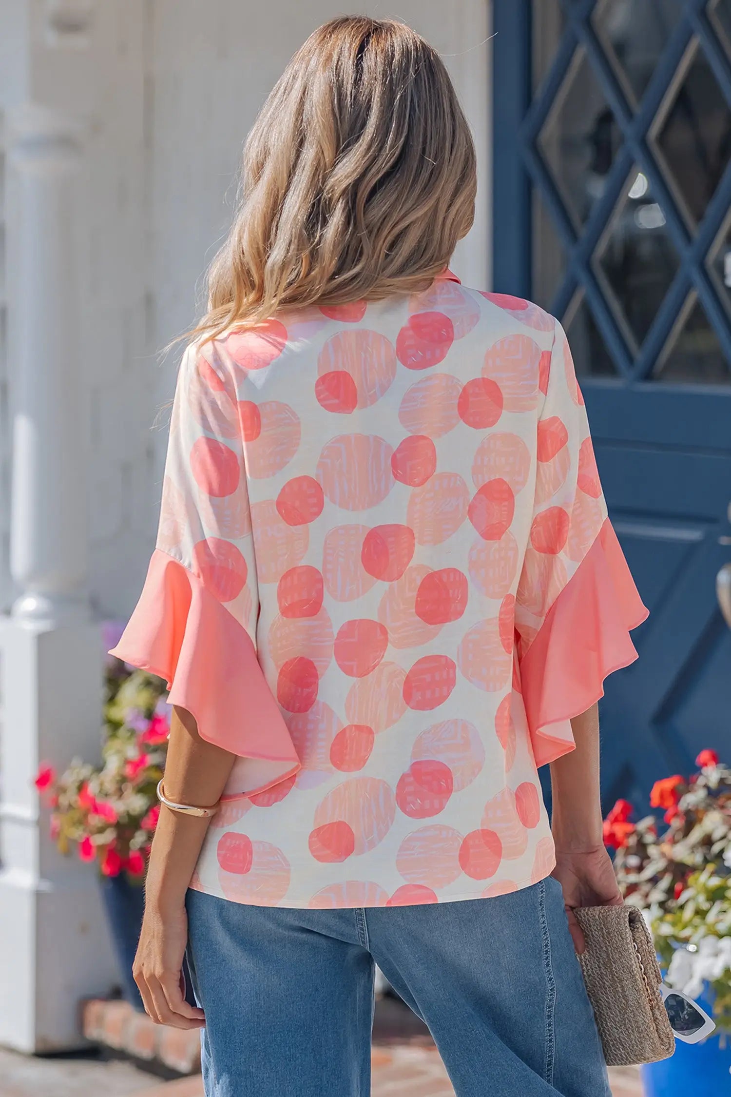 Polka dot ruffle sleeve babydoll shirt button front collar pink shirts