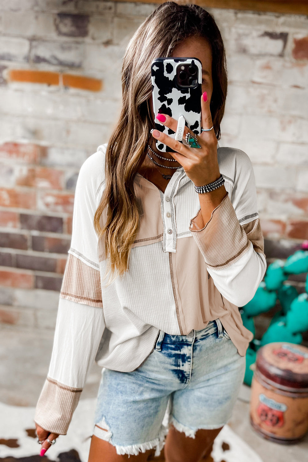 Color-Block Seamed Ribbed Henley Hoodie